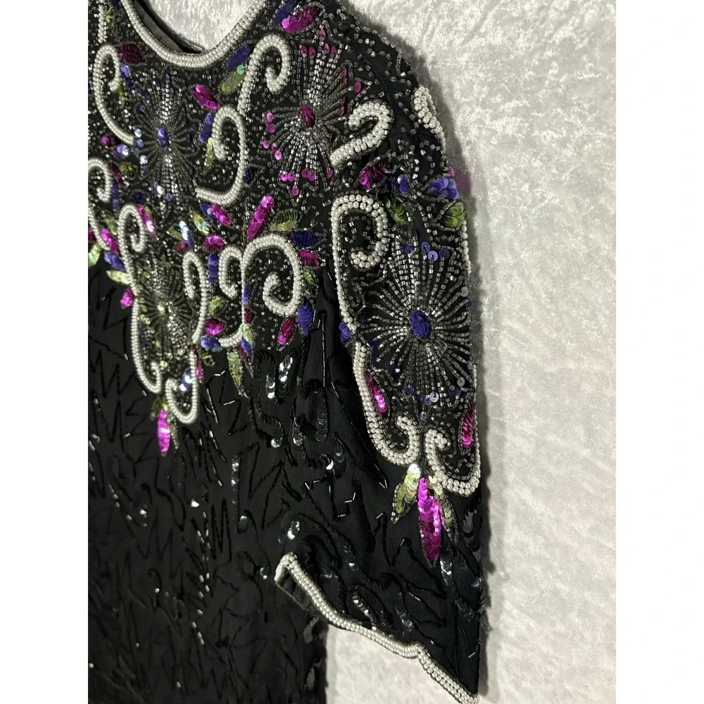 Vintage Laurence Kazar NY‎ Silk Beaded Sequin Cocktail Dress Black Art Deco M